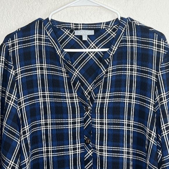 Habitat Blue Plaid A Line Long Button Front 3/4 Sleeve Top Lagenlook Large A24 - Picture 2 of 7